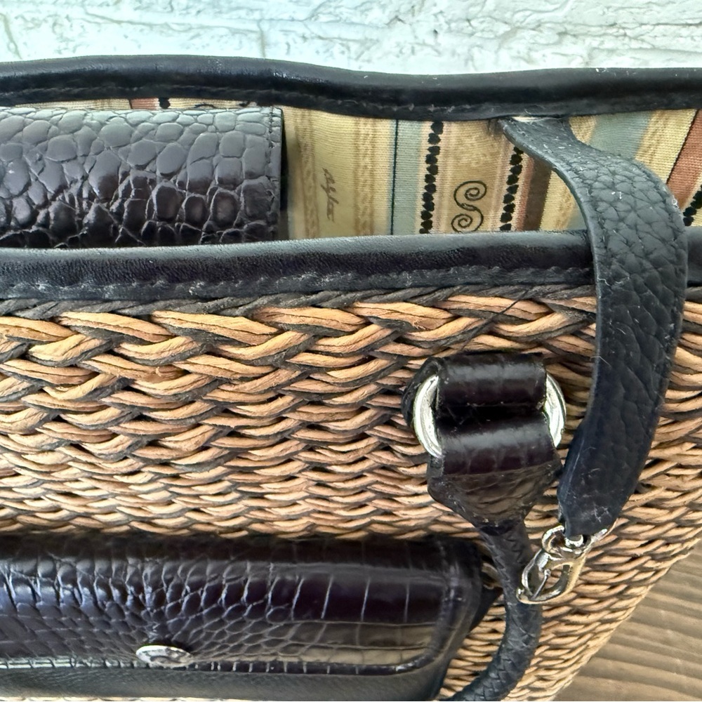 Vintage Brighton Straw & Leather Purse Tote Bag Woven Braided Straps-Tan Black - Picture 12 of 16